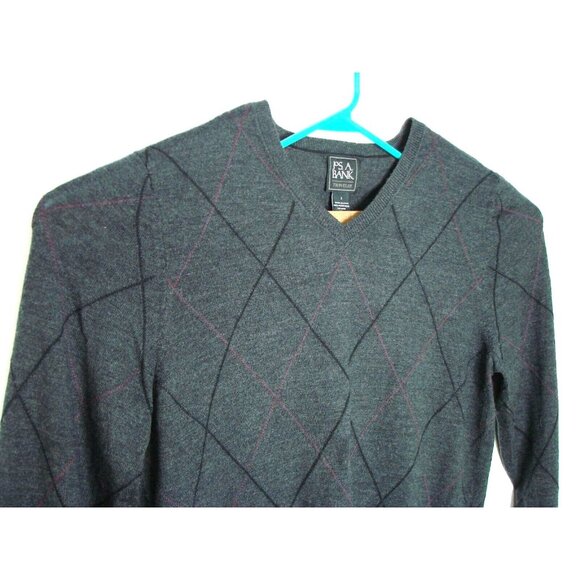 Jos. A. Bank Traveler Sweater Mens L Merino Wool V Neck Gray Black Maroon Stripe - Picture 1 of 10